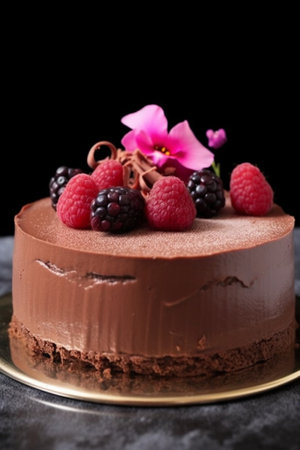 small chocolate cake with raspberries and edible flower : Generative AIの素材