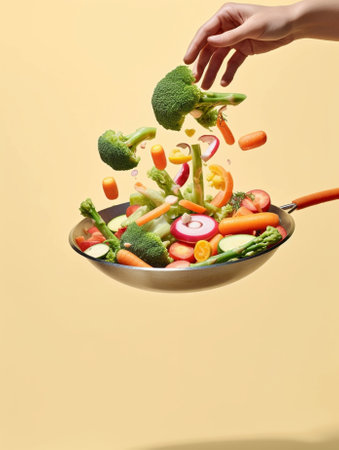 tossing vegetables in a pan : Generative AIの素材