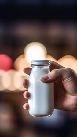 hand holding bottle of milk in front of opened fridge with healthy food : Generative AIの素材