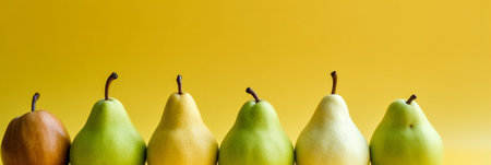 Yellow and green pears and apples with small orange autumn leaves laying on green grass Copy space : Generative AIの素材