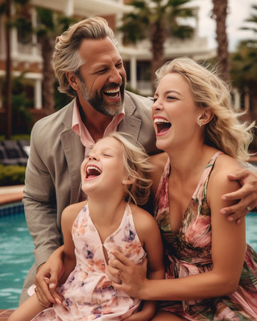 A bald bearded father holds two blonde daughters in white clothes and laughs against the background of the lawn and pool : Generative AIの素材