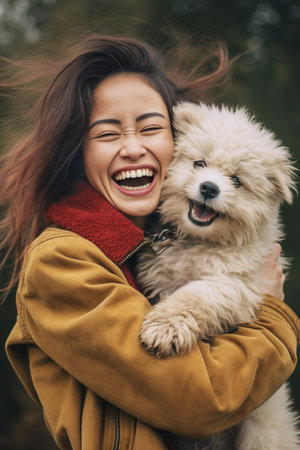 A beautiful blonde mother in dark glasses hugs her son near the red dog Akita inu and laughs in the autumn Park : Generative AIの素材