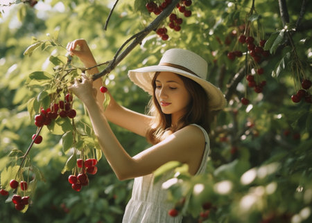 Cute teen girl in a red polka dot dress and denim jacket collects and shows sweet cherry from a tree in the garden Copy space : Generative AIの素材