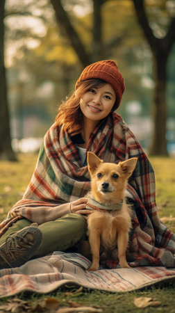 A beautiful brunette mother hugs her son near the red dog Akita inu and laughs in the autumn Park : Generative AIの素材