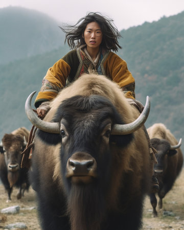 A woman with a short haircut sits on horseback on a yak against the backdrop of snowy mountains High quality photo : Generative AIの素材