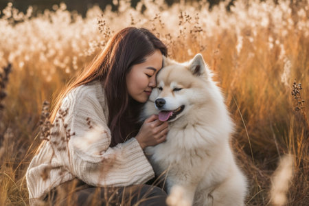 Beautiful little girl with a dog Akita Inu in the autumn forest High quality photo : Generative AIの素材