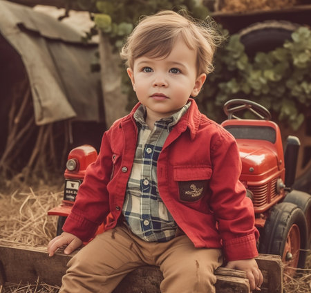 Cute little boy in red autumn jacket sitting at the pumpkins field Copy space : Generative AIの素材