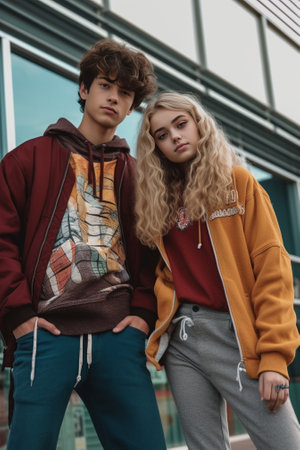 Cute young boy in autumn sweater and pretty girl with long curly hair posing in the park Autumn background : Generative AIの素材