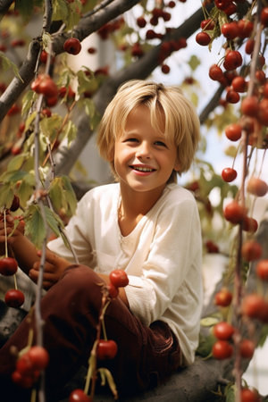 Cute toddler blond boy in red squared shirt holding red bunches of ash berry at the outdoor market place Very happy : Generative AIの素材