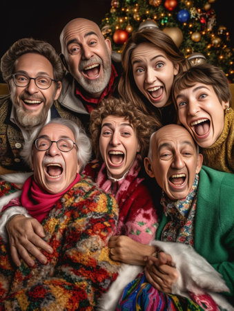 Big family of six in Christmas pyjamas sitting together on a sofa against Christmas background : Generative AIの素材