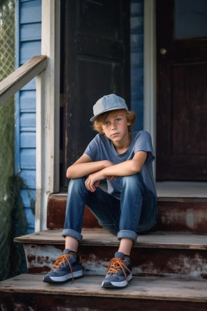 Cute blond boy in black shirt and jeans shorts sitting on the steps in summer : Generative AIの素材
