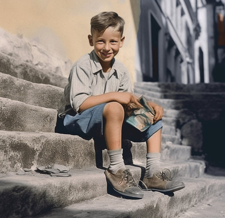 Cute young blond boy in summer blue shirt and shorts sitting on white stairs on the second floor with retro photo camera : Generative AIの素材