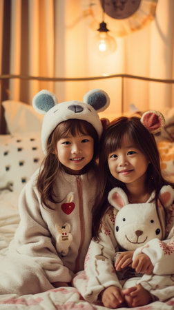 Little asian boy and girl in Christmas pyjamas standing on white bed with Christmas pillows against big white window High quality photo : Generative AIの素材