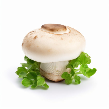 Fresh wild boletus mushroom growing on the ground with leaves isolated on white : Generative AIの素材