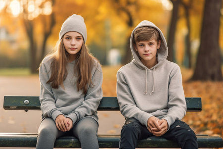 Cute young boy in autumn sweater and pretty girl with long curly hair posing in the park Autumn background : Generative AIの素材