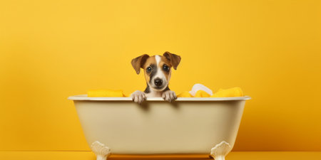 Portrait of red cute young beagle puppy looking at an iron bowl on the yellow background Copy space : Generative AIの素材