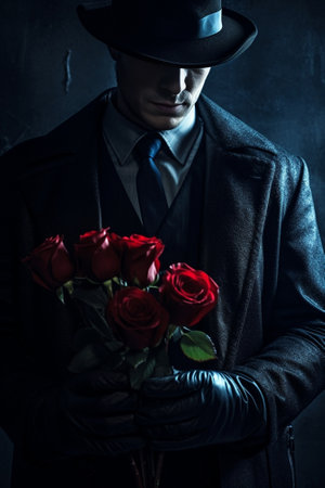 Man in business suit is holding big bouquet of red roses : Generative AIの素材