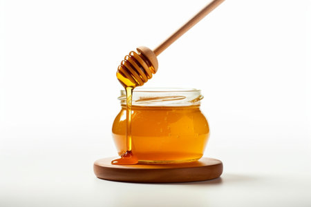 Healthy organic Thick honey dipping from the wooden honey spoon : Generative AIの素材