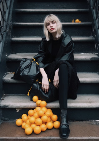 Portrait of pretty young girl in Halloween costume like a witch sitting on homes stairs and holding bunch of orange balloons Halloween concept : Generative AIの素材