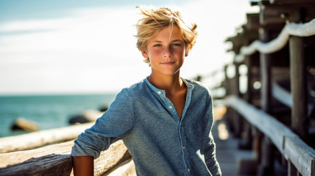 Portrait of cute teen boy with blond hair posing against the sea Copy space : Generative AIの素材