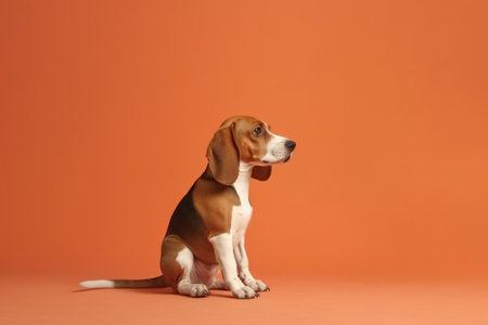 Portrait of red cute young beagle puppy on the yellow background Copy space : Generative AIの素材