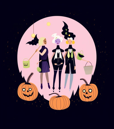 Three young pretty sisters in halloween costumes like witches walking on the street with bunch of balloons Holiday concept : Generative AIの素材