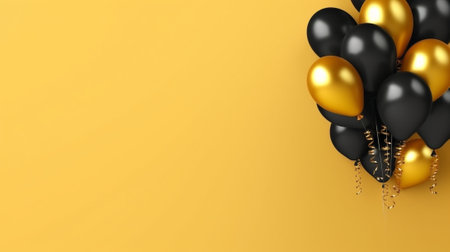 Set of black yellow and white helium ball isolated in the air Celebration background template with balloons : Generative AIの素材