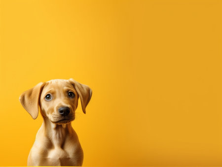 Portrait of red cute young beagle puppy on the yellow background Copy space : Generative AIの素材