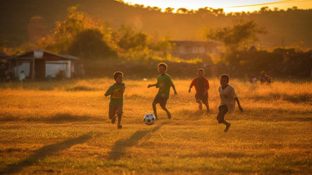 Shallow depth of field shot of young boys playing a kids european football match on green grass at sunset : Generative AIの素材