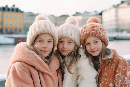 Three young sisters in red and white winter clothes posing up the white fence against Christmas house Holiday concept : Generative AIの素材