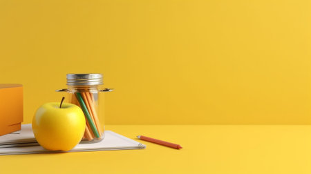 School supplies on the yellow background with copy space Back to school : Generative AIの素材