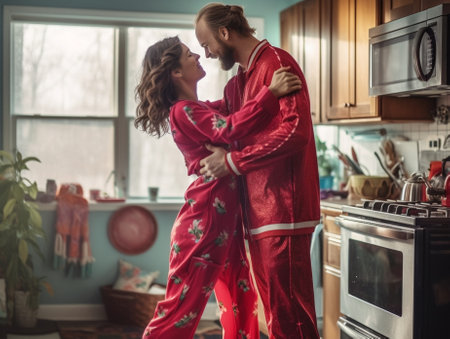 Young man and pretty woman in red Christmas pyjamas kissing in a white room with big window Snow background : Generative AIの素材