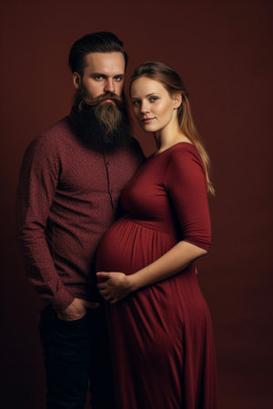 Young blond pregnant woman in black tight dress autumn hat and jacket posing with handsome tall man in black sweater at the autumn background Copy space : Generative AIの素材