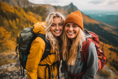 Two pretty young girls in orange hoodie trekking in the autumn mountains Copy space : Generative AIの素材