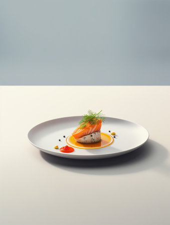 Top view of salmon tartare with tomato gazpacho and celery on white plate Copy space : Generative AIの素材