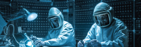 Two doctors in blue smocks masks and caps holding medical instrument and touching medical light at the operation room : Generative AIの素材
