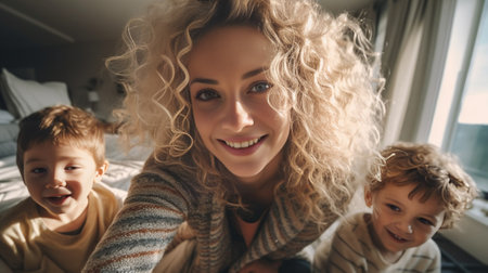 Young blond mother and three little kids in Christmas pyjamas laying on white big bed with Christmas pillows : Generative AIの素材