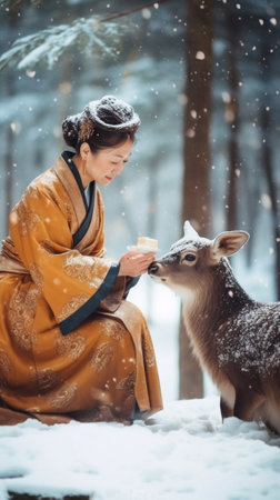 Two sisters in red scarves with deer hornsfeed by hand a deer in a snowy forest High quality FullHD footage : Generative AIの素材