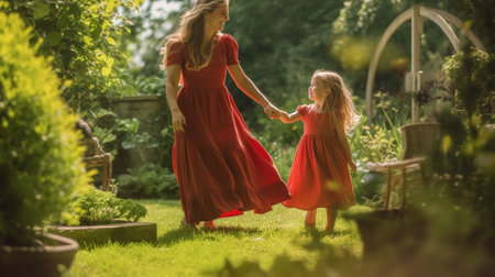 Two little blond sisters in the same long summer dresses in red poppy playing in the park : Generative AIの素材