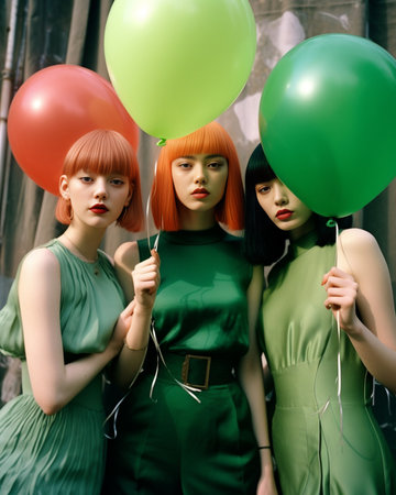 Three young pretty sisters in halloween costumes like witches posing on the glade with balloons Holiday concept : Generative AIの素材