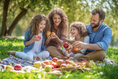 Young happy family of four having picnic in the park Summertime Copy space : Generative AIの素材