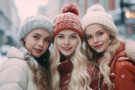 Three pretty girls in red Christmas pyjamas and headbands sitting near the big window with snowing outside : Generative AIの素材