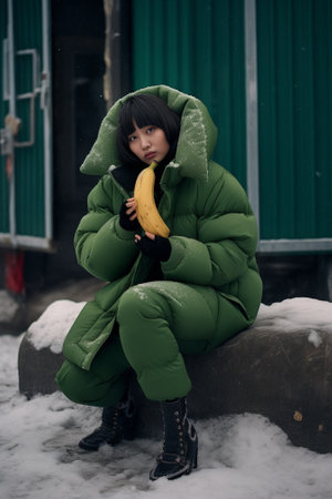 Woman in green winter coat cleaning her snowed back yard with plastic shovel Winter concept : Generative AIの素材