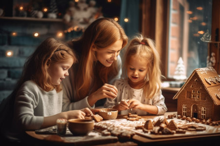Young female family of three in red squared winter clothes making cookies on the kitchen with Christmas decor : Generative AIの素材