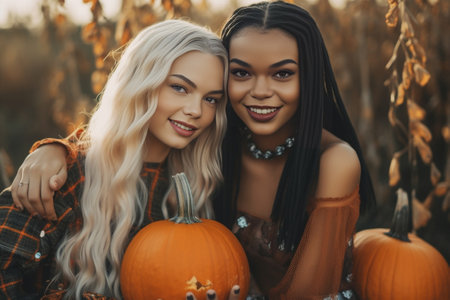 Young slim pretty women of four in autumn dresses posing with pumpkins at the outdoor pumpkins market place Autumn background : Generative AIの素材