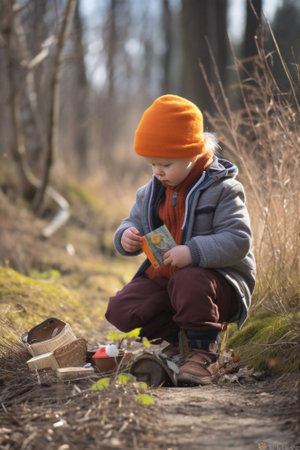 Young cute blond boy in red sweater and boots trowing autumn leaves sitting on a wooden stump in a park Autumn background Copy space : Generative AIの素材