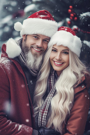 Young beautiful couple in winter clothes sitting in the red open car with Christmas decor against white wooden house with a fence Snowing : Generative AIの素材