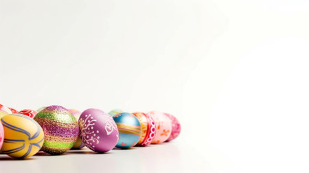 colorful Easter eggs on a white wood background : Generative AIの素材