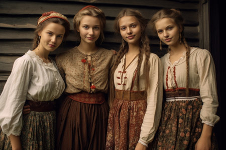 Young slim pretty women of four in autumn dresses and boots posing at the farm Autumn background : Generative AIの素材