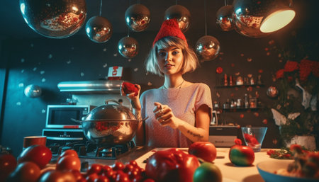 Young pretty blond haired woman in Christmas pyjamas and red bow posing with a candy in the kitchen Christmas lights background : Generative AIの素材